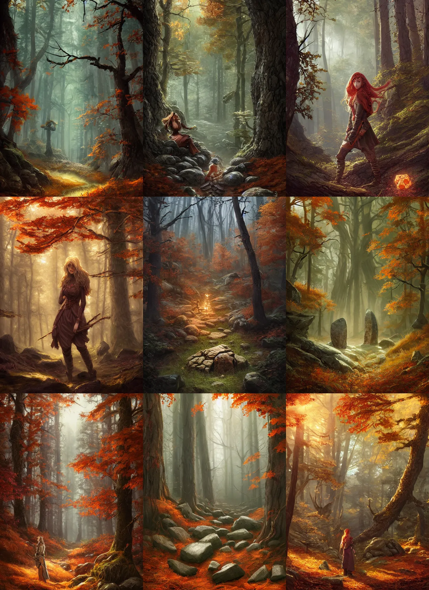 Prompt: runestones in autumnal forest, d & d, fantasy, portrait, highly detailed, digital painting, trending on artstation, concept art, sharp focus, illustration, art by artgerm and greg rutkowski and magali villeneuve