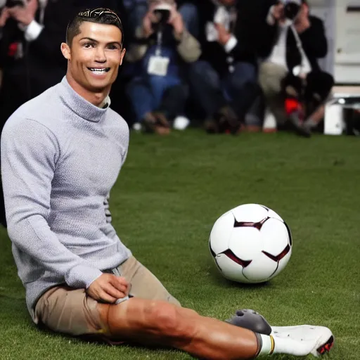 Image similar to cristiano ronaldo bringing his priceless soccer ball to the antiques roadshow,
