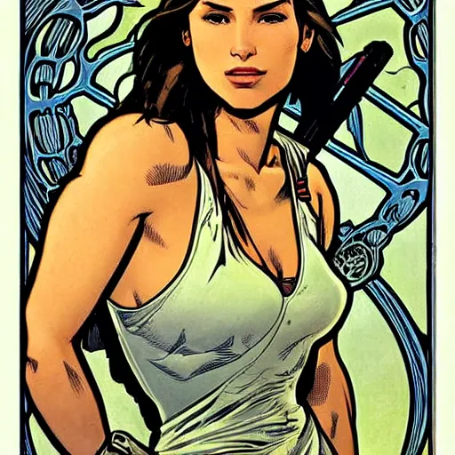 Prompt: lara croft. well composed, clean elegant painting, beautiful detailed face. comic book art by steve ditko and jack kirby and ( alphonse mucha )