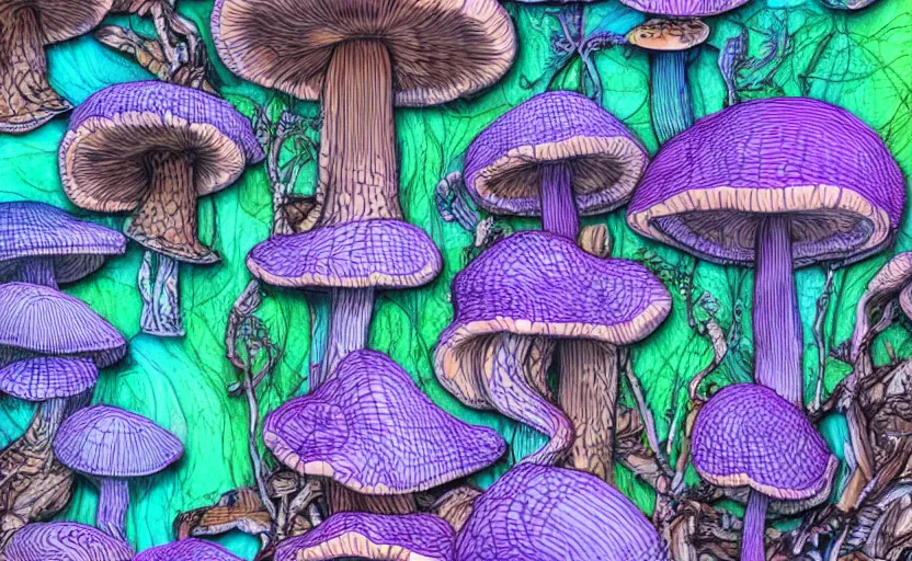 Image similar to hyperdetailed mushroom wood, seen from the distance at night. along a maximalist river made of paper and unexpected interesting fabric elements. 8 x 1 6 k hd mixed media 3 d collage in the style of a childrenbook illustration in pastel neon tones. shiny matte background no frame hd