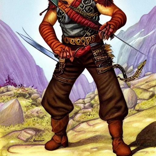 Prompt: a dnd character, a khajit swashbuckler, by larry elmore