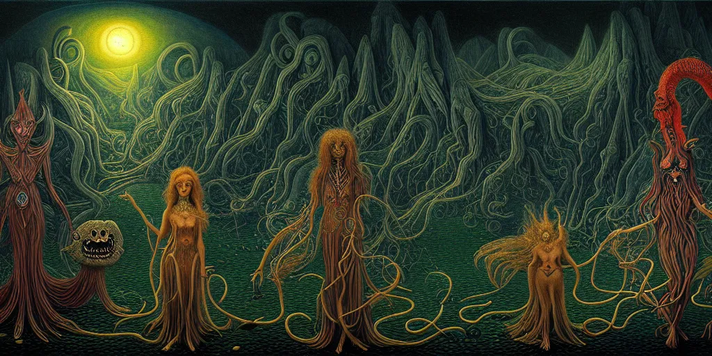 Prompt: mythical creatures and monsters in the imaginal realm of the collective unconscious, in a dark surreal painting by johfra and ronny khalil