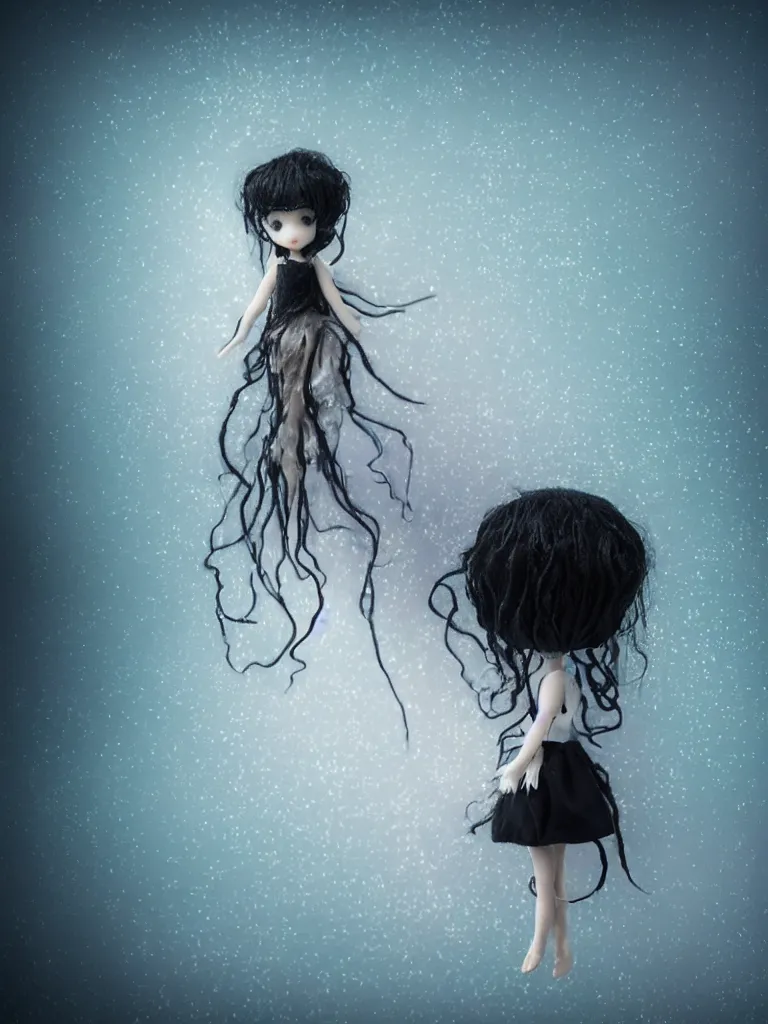 Image similar to cute fumo plush doll of an otherworldly translucent jellyfish goth maiden girl floating in the deep sea, mysterious tattered black tendrils and dress, wisps of volumetric fog and smoke, vignette, bokeh, vray