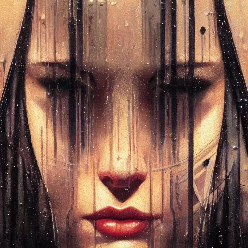 Image similar to detailed face of a woman clothed in textiles, lush, opulent, fauna, utopian, tech noir, wet reflections, prism, atmospheric, ambient, pj crook, syd mead, livia prima, artgerm, greg rutkowski, nick alm, casey baugh