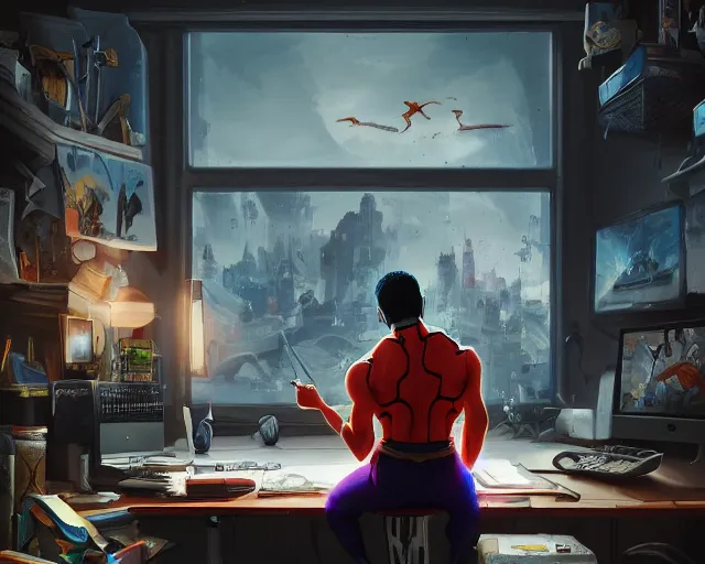 Image similar to an insanely detailed painting of a nerdy asian man wearing a superhero costume, sitting at a desk, staring at the nervously at the computer and typing, in the style of peter mohrbacher, dramatic lighting and composition, octane render, pixar, trending on artstation, concept art, comic book, view from behind