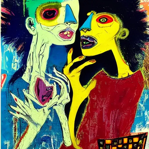 Image similar to beautiful painting of two bizarre psychedelic goth women kissing each other closeup in a cafe in japan, speculative evolution, mixed media collage by basquiat and jackson pollock, magazine collage art, sapphic art, lesbian art