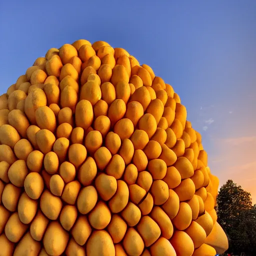 Image similar to symmetrical photo of giant mango sculpture on red square, super wide shot, bokeh, golden hour