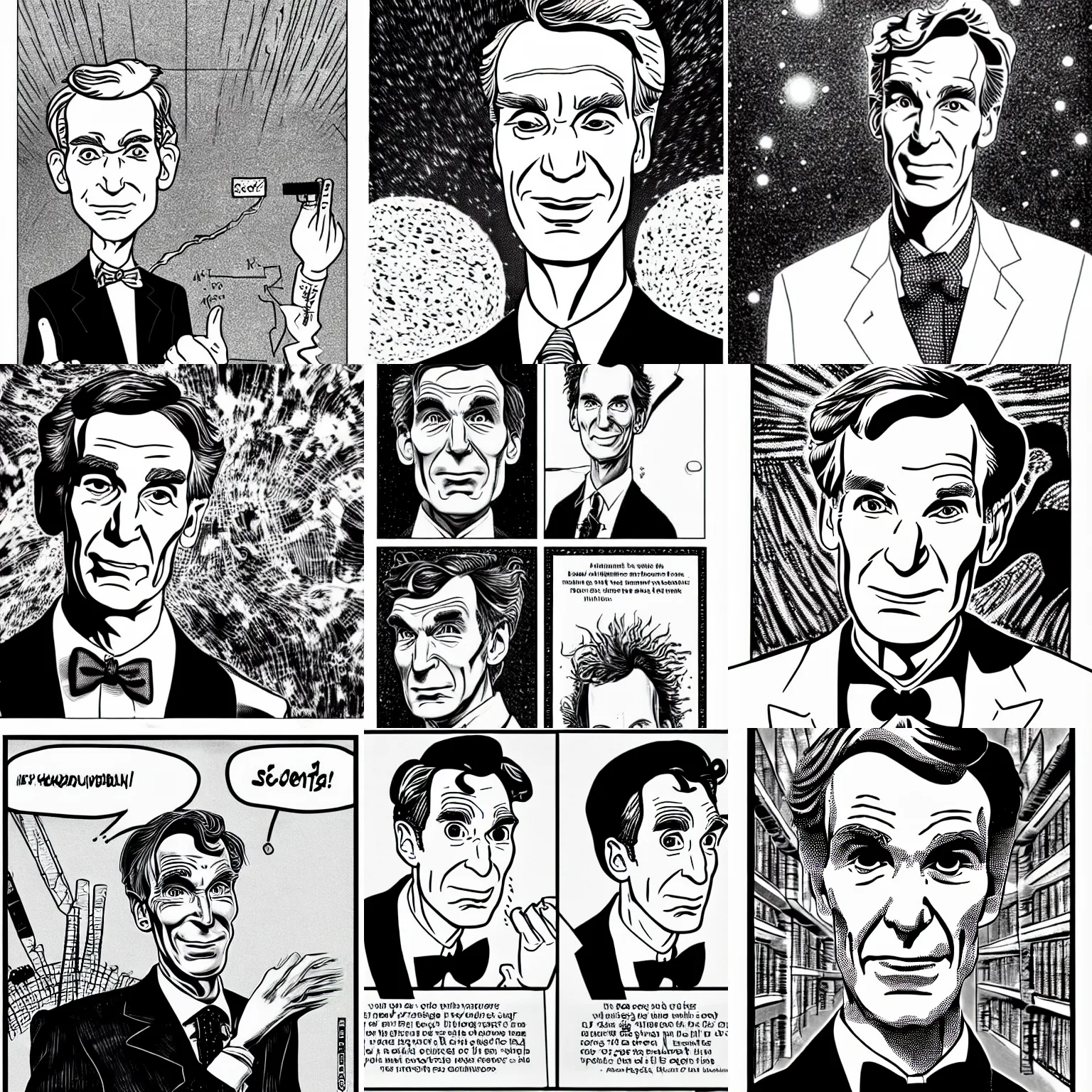 Prompt: bill nye the science guy doing actual science stuff, highly detailed, black and white, manga, art by Junji Ito
