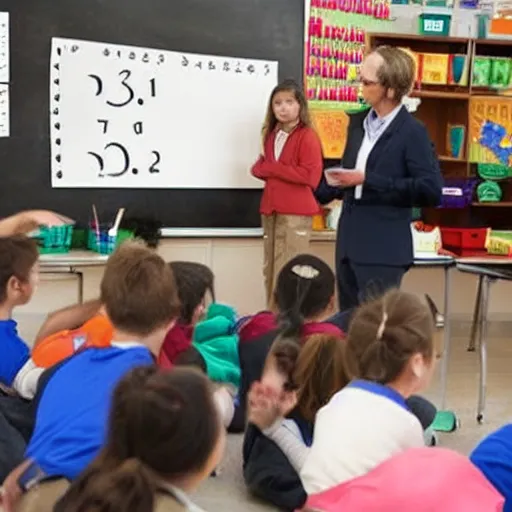 Prompt: realistic photo of a teacher explaining maths to elementary school students