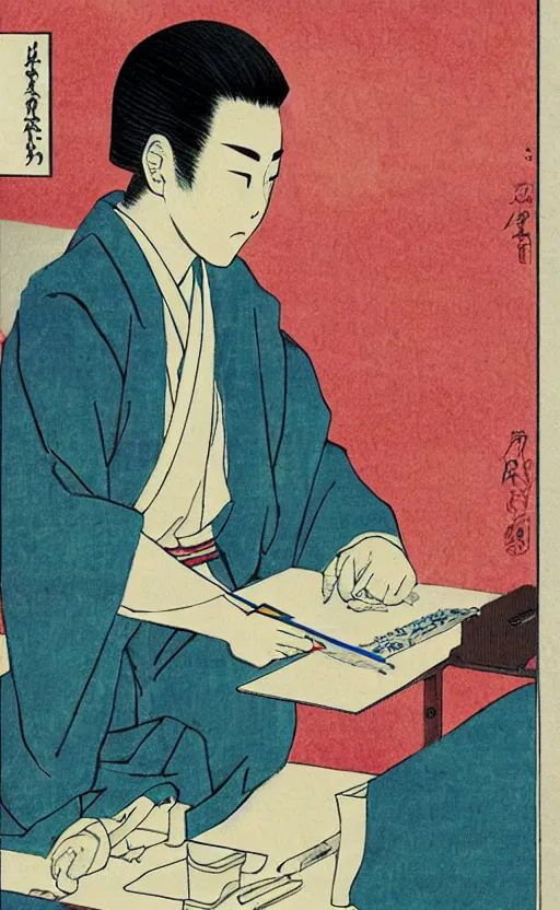 Image similar to by akio watanabe, manga art, male calligrapher studying, kimono, vintage desk, traditional colors, trading card front, realistic anatomy