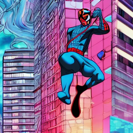 Image similar to the ultimate spiderman drinking tea, vaporwave