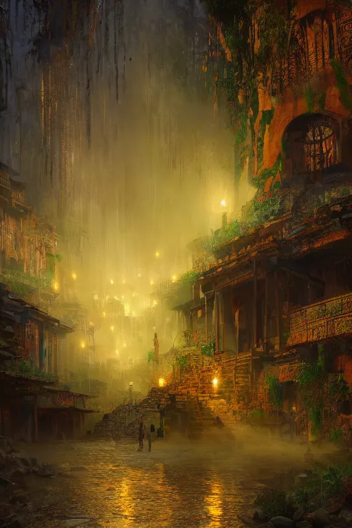 Image similar to old aztec city of gold in the middle of the forest, intricate, elegant, volumetric lighting, digital painting, highly detailed, artstation, sharp focus, illustration, concept art, ruan jia, steve mccurry