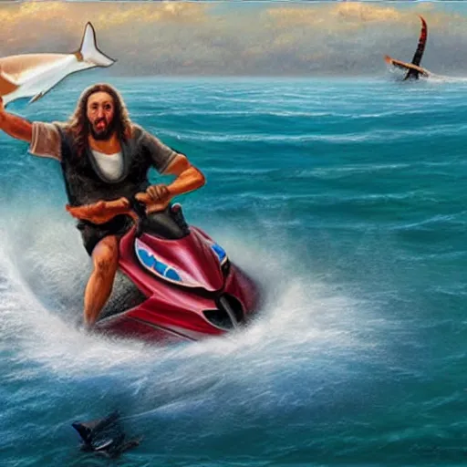 Image similar to Jesus riding a jetski being chased by sharks, painting by Jon McNaughton