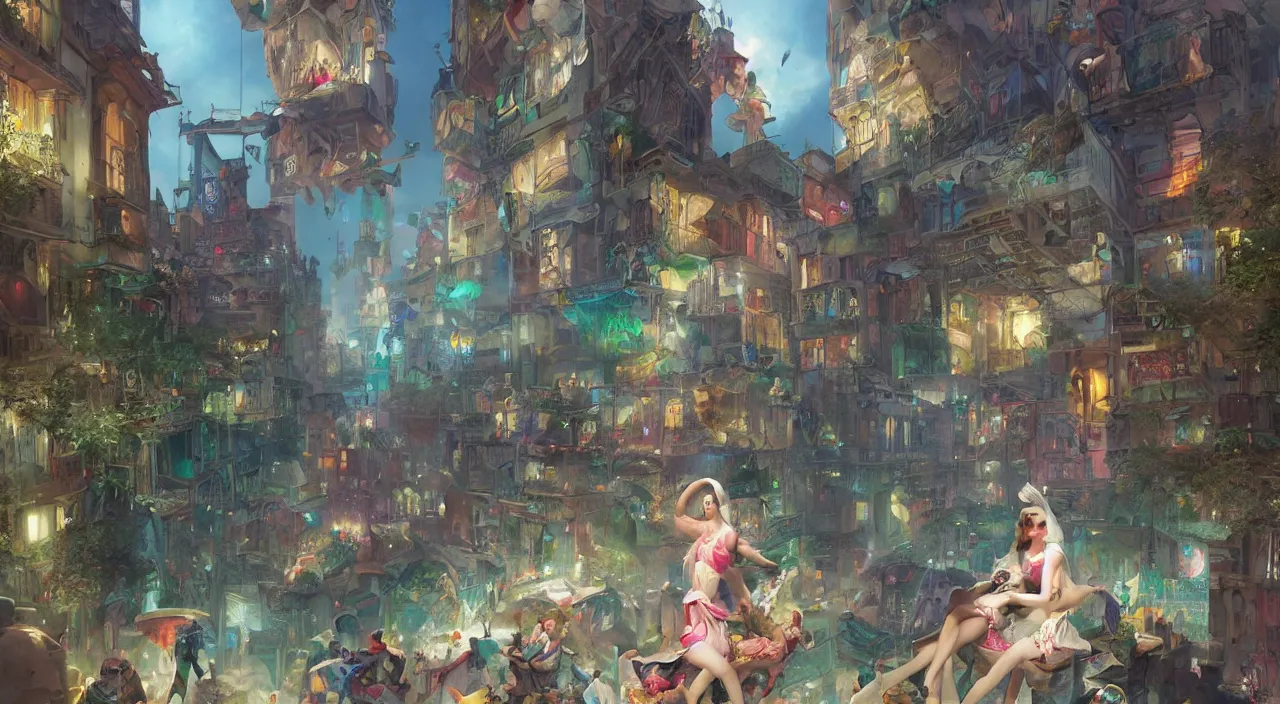 Image similar to bazaar zouk oriantal place mosquet multicolorful sky shine matte painting, street art, trending on artstation, by huang guangjian and gil elvgren and sachin teng