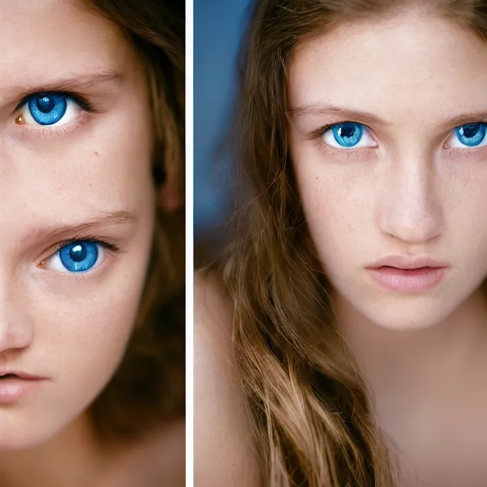 Prompt: Kodak Portra 400, 8K, highly detailed, britt marling style 3/4 dramatic photographic Close-up face of a extremely beautiful girl with clear blue eyes and brown hair , high light on the left, rim light, non-illuminated backdrop, illuminated by a dramatic light, Low key lighting, light dark, High constrast, dramatic , Steve Mccurry, Lee Jeffries , Norman Rockwell, Craig Mulins ,dark background, high quality, photo-realistic.