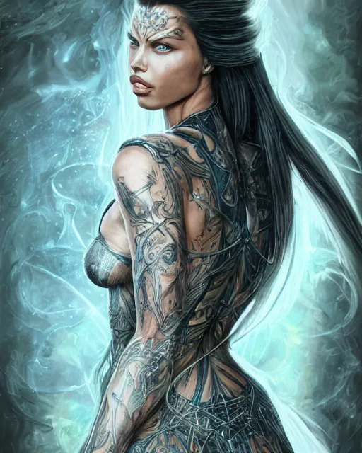 Image similar to face-centred portrait Adriana Lima as Galadriel, body covered in elfish tattoos , open magic book glowing, D&D, fantasy, highly detailed, digital art, fantasy illustration, trending on artstation, smooth, sharp focus, illustration, art by artgem and ROBERT HYNES