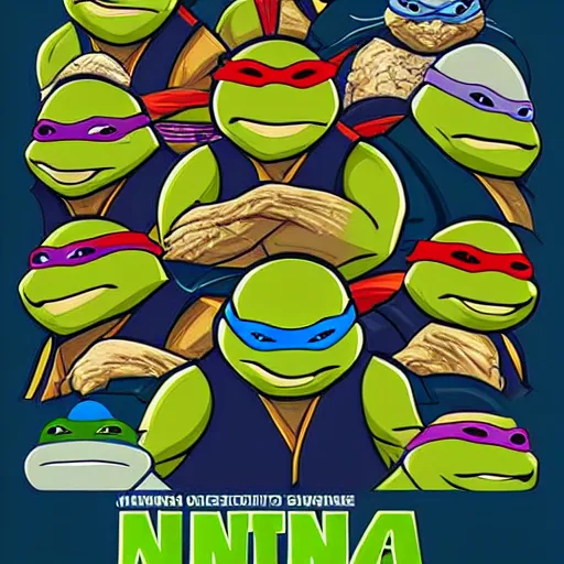 Prompt: ninja turtles mucha style poster art, clean, vector