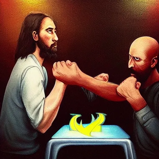 Prompt: “Jesus and Satan arm wrestling in a dive bar, apocalyptic”