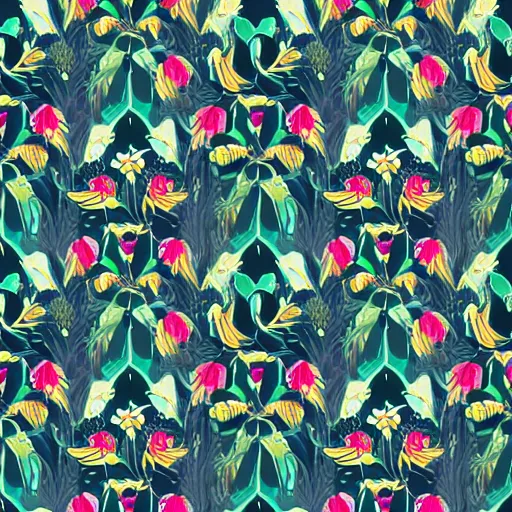 Prompt: Floral concept, seamless pattern, tiling, dark background, digital art