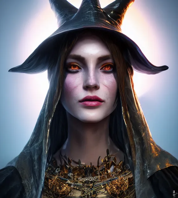 Image similar to portrait art of witch queen 8k ultra realistic , lens flare, atmosphere, glow, detailed,intricate, full of colour, cinematic lighting, trending on artstation, 4k, hyperrealistic, focused, extreme details,unreal engine 5, cinematic, masterpiece