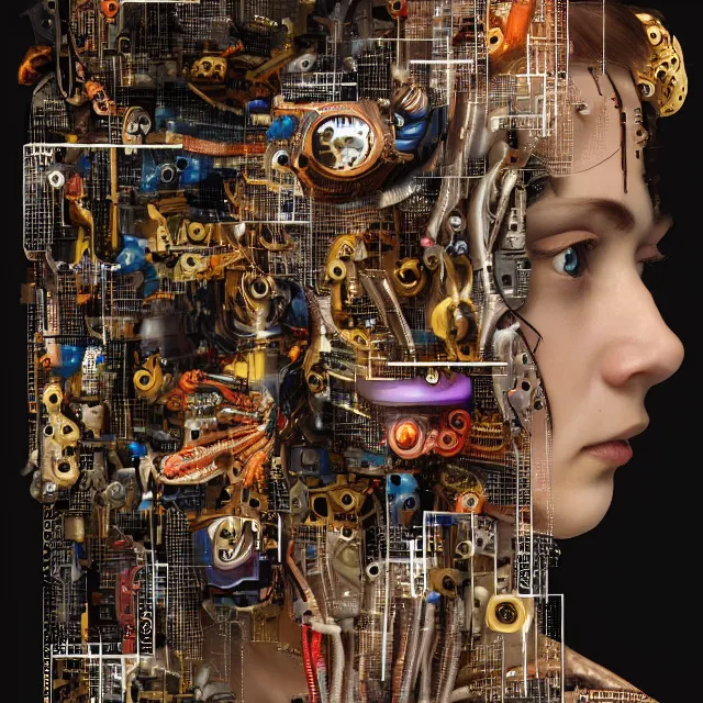 Image similar to profile portrait of a woman, computer parts, mechanical parts, by giuseppe arcimboldo, cyberpunk, futuristic, psychedelic, surreal, sci - fi, dreamlike.