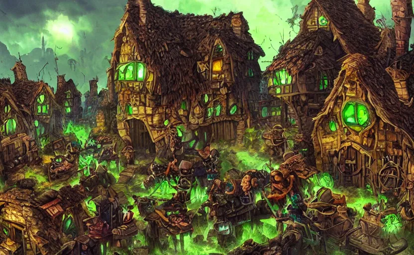 Image similar to A green goblin village, mining