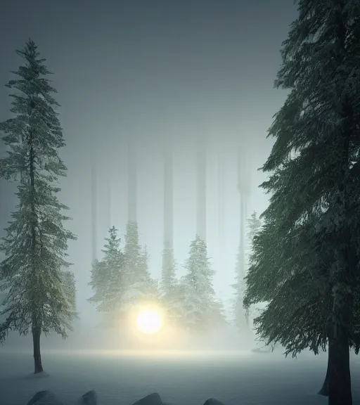 Image similar to the symmetric green linear light in the antartic, volumetric lighting, fog, majestic light, octane render, beauty fog, ethereal glare of the sun, hyperrealistic, epic, masterpiece, by peter zumthor