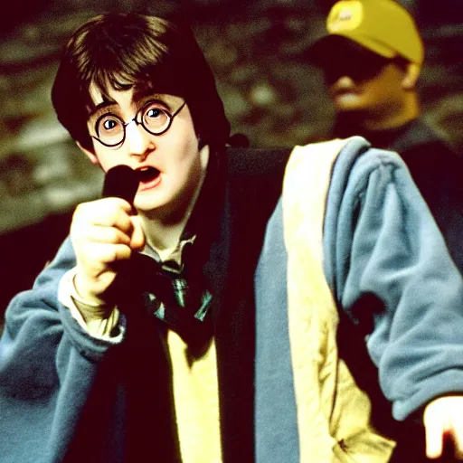 Prompt: actual photo of Harry Potter(2001) on stage in an underground rap battle somewhere in New York, photograph