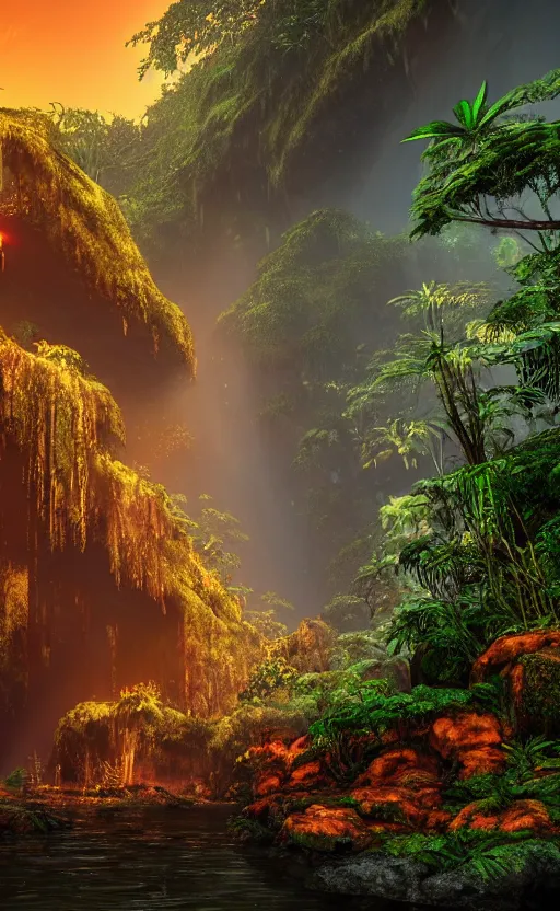 Prompt: a beautiful render of a dark prehistoric rainforest in a humongous cave, lush flora, patches of yellowish - orange, red, magenta sky, sunset, floating mountains and a waterfall in the background, intricate detail, hazy, humid, volumetric lighting, 8 k, photorealistic, raytracing effects, unreal engine 5