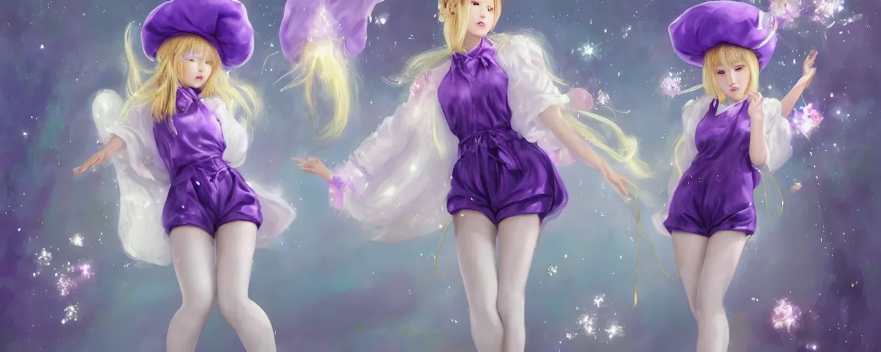 Image similar to Full View of a mysterious kpop fairy maidens with short blond hair wearing an oversized purple Beret, Baggy Purple overall shorts, Short Puffy pants made of silk, silk shoes, a big billowy scarf, Golden Ribbons, white leggings Covered in stars. Short Hair. peasant magic. masterpiece 4k digital illustration by Ruan Jia and Mandy Jurgens and Artgerm and william-adolphe bouguereau, award winning, Artstation, art nouveau aesthetic, Alphonse Mucha background, intricate details, realistic, panoramic view, Hyperdetailed, 8k resolution, intricate art nouveau, smooth, sharp focus