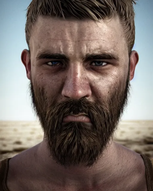 Image similar to portrait of muscular, tired and alcoholic 3 0 - year - old grieving man with short darkblonde hair, serious sad look in his eyes, looking down, dirty beard, blue eyes, crying tears, wearing dirty soldier uniform, on the desert, sad atmosphere, hyper realistic face, character art, art by mark brooks, cryengine, trending on artstation, digital art