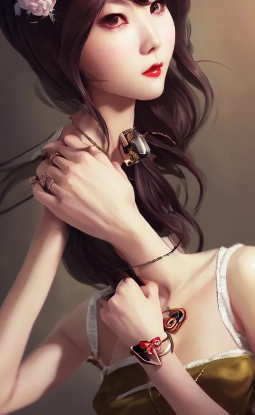 Image similar to a pin up and beautiful fashion charming dreamlke korea girl with lv jewelry, character art, art by artgerm lau and kyoung hwan kim and and ilya kuvshinov and john singer sargent, hyperdetailed, 8 k realistic, symmetrical, frostbite 3 engine, cryengine, dof, trending on artstation, digital art