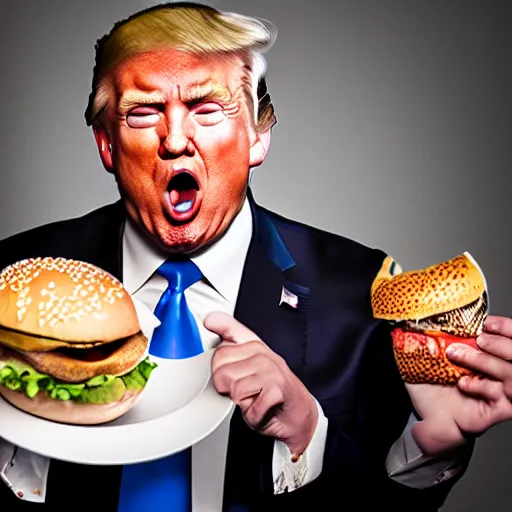 Prompt: photo still of donald trump! licking! a burger with his! tongue! out, mmmmm, studio portrait photo, studio lighting, rim light, key light, food photography, 3 5 mm f 1. 8