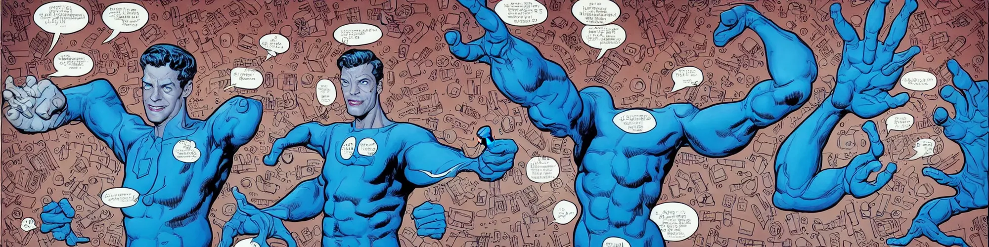 Image similar to mr. fantastic from the fantastic four showing off his weird limbs illustrated by james jean with very long hands and arms and fingers and legs and feet twirling and twisting around in a very high tech lab in space