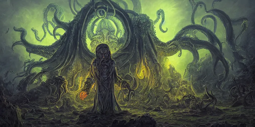 Image similar to portrait of necromancer priest in an invoking ritual in front of a giant cthulhu in a large landscape, intricate, elegant, glowing lights, highly detailed, digital painting, concept art, smooth, sharp focus, illustration, wide - angle portrait, atmospheric lighting, rich deep colors masterpiece, fractal crystals