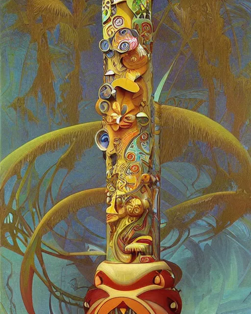 Prompt: a painting of a tribal tiki totem pole, a surrealist painting by Naoto Hattori, alphonse mucha, by RHADSan beeple, trending on deviantart, pop surrealism, lowbrow, grotesque, whimsical