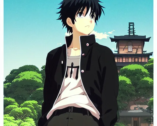 Prompt: beautiful anime guy with black hair, wearing black clothes, fine details portrait, japense village in background, bokeh. anime masterpiece by Studio Ghibli. illustration, sharp high-quality anime illustration in style of Ghibli, Ilya Kuvshinov, Artgerm