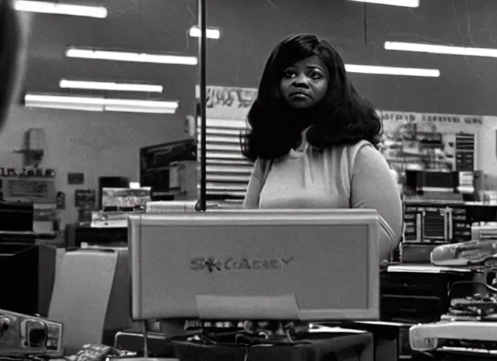 Prompt: cinematic shot of octavia spencer in an small used electronics store next to an old electronic keyboard, iconic scene from the paranoid thriller sci fi film directed by stanley kubrick, anamorphic cinematography, beautiful composition, color theory, leading lines, photorealistic, volumetric lighting