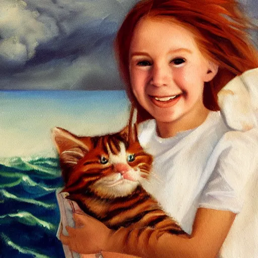 Image similar to oil painting of a young freckled redhead girl smiling and holding a kitten in a boat, in rough seas with large waves, dark clouds and lightning, depicted for a children\'s book