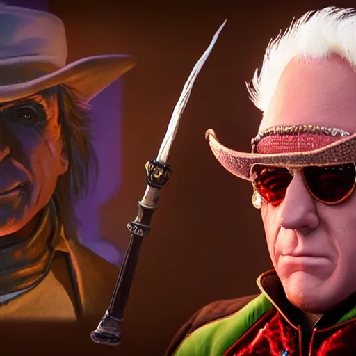 Image similar to portrait of ric flair as willy wonka in morrowind, fantasy, warcraft, warhammer, splash art, movie still, detailed face, photorealistic facial features, cinematic lighting, dramatic, octane render, long lens, shallow depth of field, bokeh, anamorphic lens flare, 8 k, hyper detailed, 3 5 mm film grain