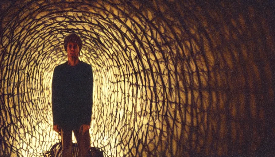 Image similar to 1 9 7 0 s movie still of a man in a barque in a moth tunnel, cinestill 8 0 0 t