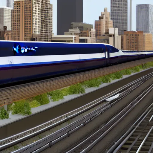 Prompt: a maglev train running high above the streets of minneapolis, render, photo, 4k, ultrarealistic, unreal maya