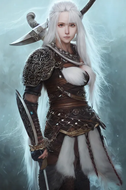 Image similar to A realistic anime portrait of a beautiful white haired female barbarian wearing an intricate viking armor, digital painting, by Stanley Artgerm Lau, Sakimichan, WLOP and Rossdraws, digital painting, painterly, Pixiv, Deviantart, golden ratio, rule of thirds, good composition, HD, 8k, award winning, promo art, splash art, rpg, jrpg, dungeons and dragons, DND, trending on ArtStation