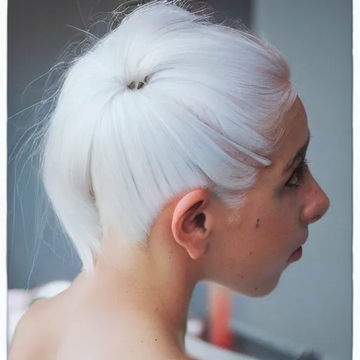 Image similar to a girl with white hair in a hairbun, by kelogsloops