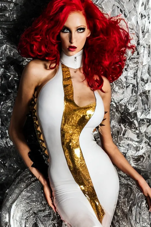 Prompt: award winning high fashion shiny white transparent latex symmetrical dress with huge gold latex spikes, sexy fashion model with long red hair, high - end photoshoot, soft rembrandt lighting