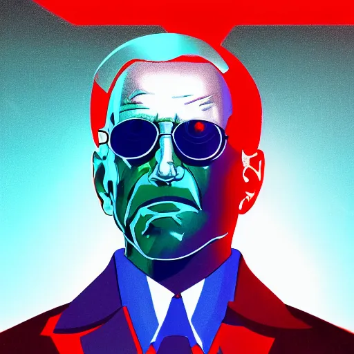 Image similar to cyberpunk joe biden as the leader of a futuristic communist nation, cybernetics, sharp lines, digital, artstation, colored in