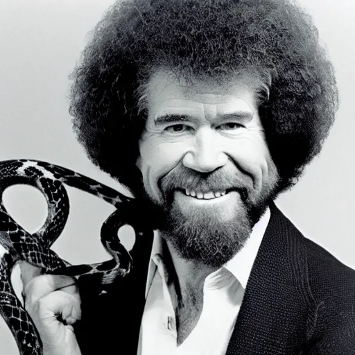 Prompt: a photo of bob ross with snakes in his hair