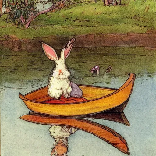 Prompt: a rabbit sitting in a rowboat on a calm river, in the style of carl larsson