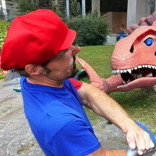 Image similar to italian plumber wearing a red hat and shirt, blue jumpsuit fighting a dinosaur, real life, realistic