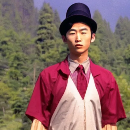 Image similar to a film still of a asian young man wearing a red blouse with a black oval hat in Twin Peaks(1990)